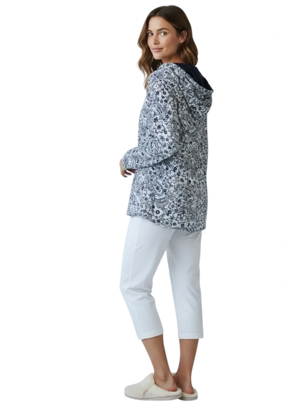 Comfort Code By CUDDL DUDS Pullover Floral Patterned Hoodie in Blues Size Large